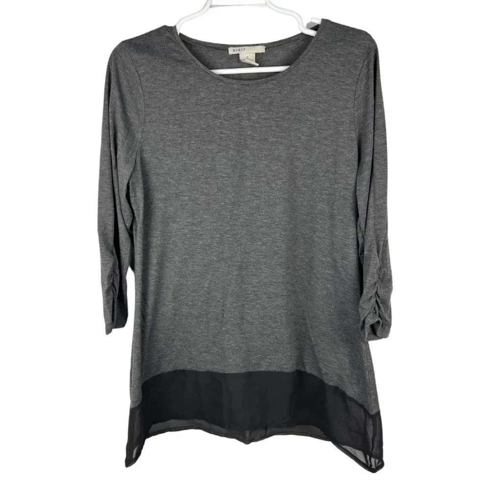 KIKIT tunic sheer hem gray and black 3/4 sleeve top layering casual business M